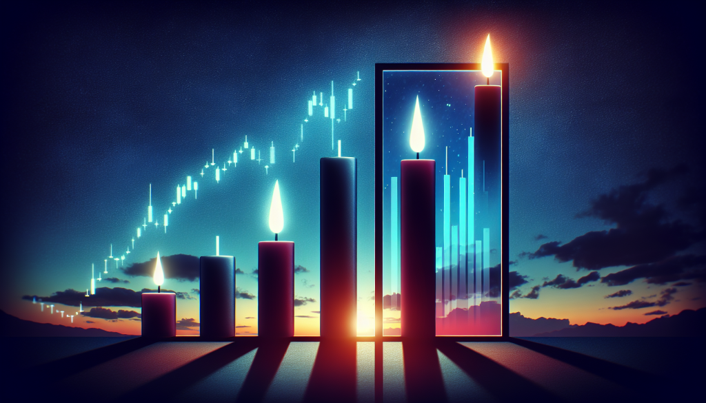 An artistic 3D visualization of various candlestick formations against a twilight sky. A sequence of glowing candles of increasing height leads toward a framed "Rising Window" pattern, where two candles are separated by a clear gap, illustrating the concept of bullish trend continuation and price discovery.