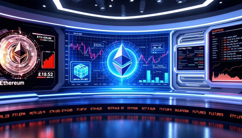 A futuristic 360-degree digital trading floor showing various Ethereum futures trading contract types, including perpetual swaps and quarterly delivery contracts, with real-time price tickers in USD, EUR, and GBP.