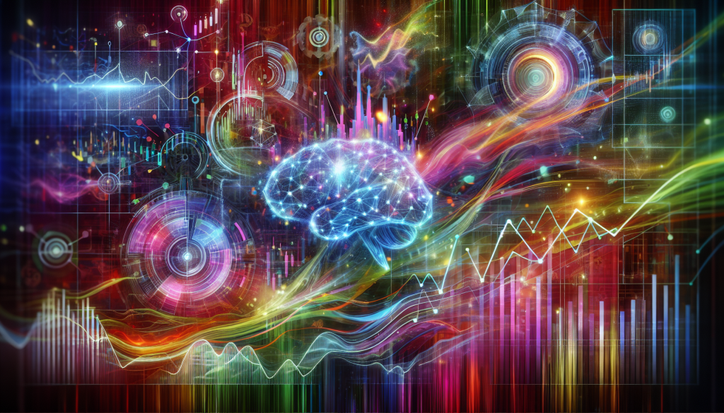A vibrant, high-tech digital visualization featuring a glowing blue neural network brain at the center, surrounded by colorful financial charts, candlestick graphs, and abstract data streams representing AI in stock trading.