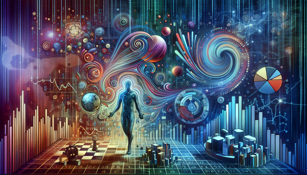 A vibrant, surreal illustration representing the fusion of human intelligence and automated data, featuring a digital human silhouette amidst glowing bar charts, chess pieces, and swirling mathematical patterns.