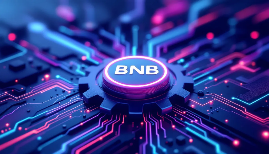 A high-tech digital graphic featuring a gold BNB coin logo at the center of a complex web of financial data lines, with rising candlestick charts and futuristic interface elements in the background.