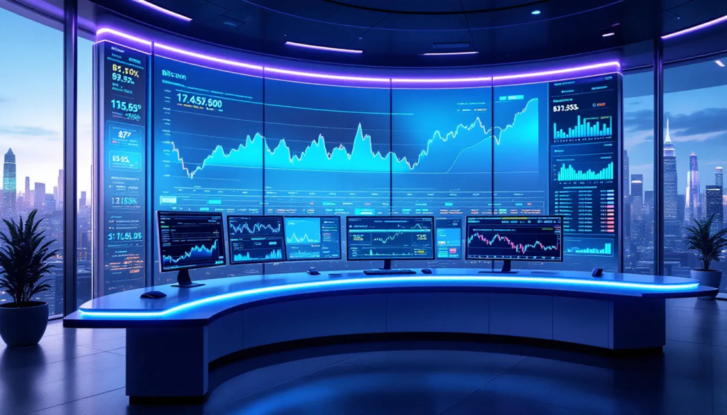 A detailed 2026 digital infographic featuring a gold Bitcoin logo surrounded by a professional trading dashboard with real-time candlestick charts, order books, and leverage adjustment sliders.