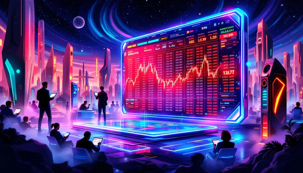 A futuristic digital trading floor where traders use handheld tablets to monitor a massive neon display showing real-time Dogecoin DOGE price charts and market data.