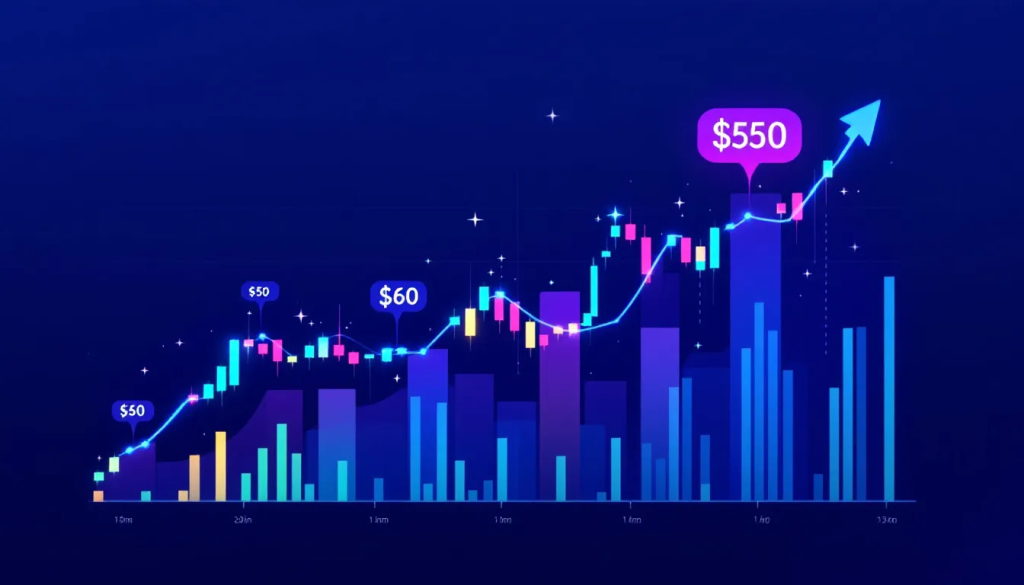 A vibrant blue and purple candlestick chart showing Litecoin price growth with callouts at $50, $60, and $550, illustrating long-term price appreciation.
