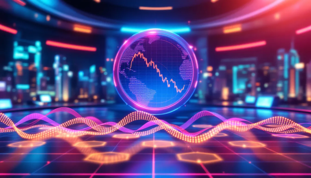 A futuristic digital visualization of a glowing globe containing a downward-trending price chart, set against a blurred high-tech cityscape with neon pink and orange data waves in the foreground.