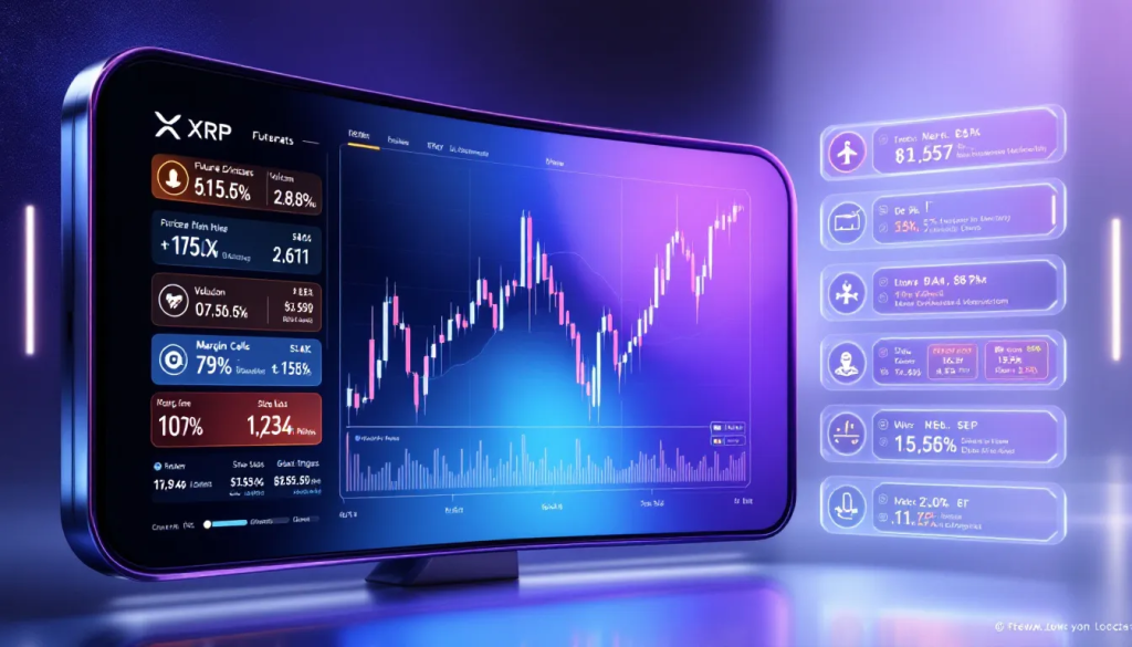A high-tech digital visualization featuring an XRP logo inside a glowing sphere, set against a background of rising financial data charts and a futuristic cityscape.
