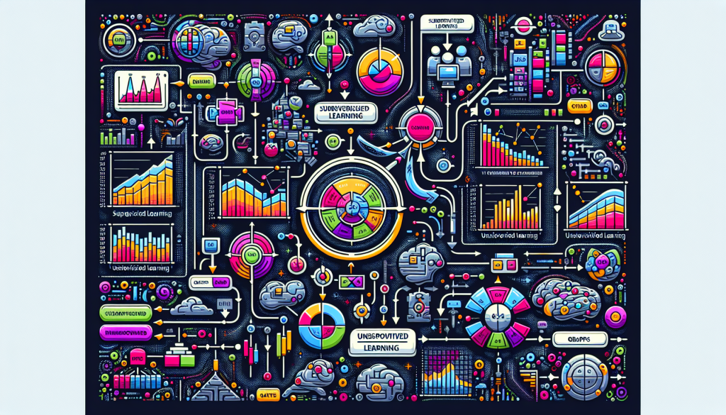 A highly detailed dark-themed infographic illustrating unsupervised learning concepts in trading, featuring circular diagrams, neural network paths, and data clustering charts in neon pink, blue, and yellow.