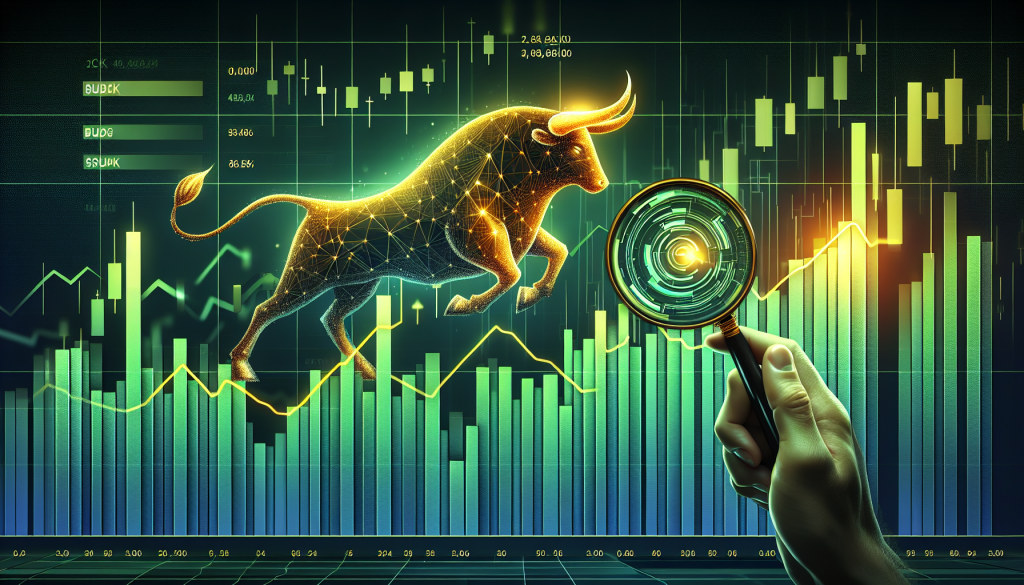 A vibrant digital illustration featuring a glowing golden bull leaping over green bar charts, with a hand holding a magnifying glass to inspect technical market data.