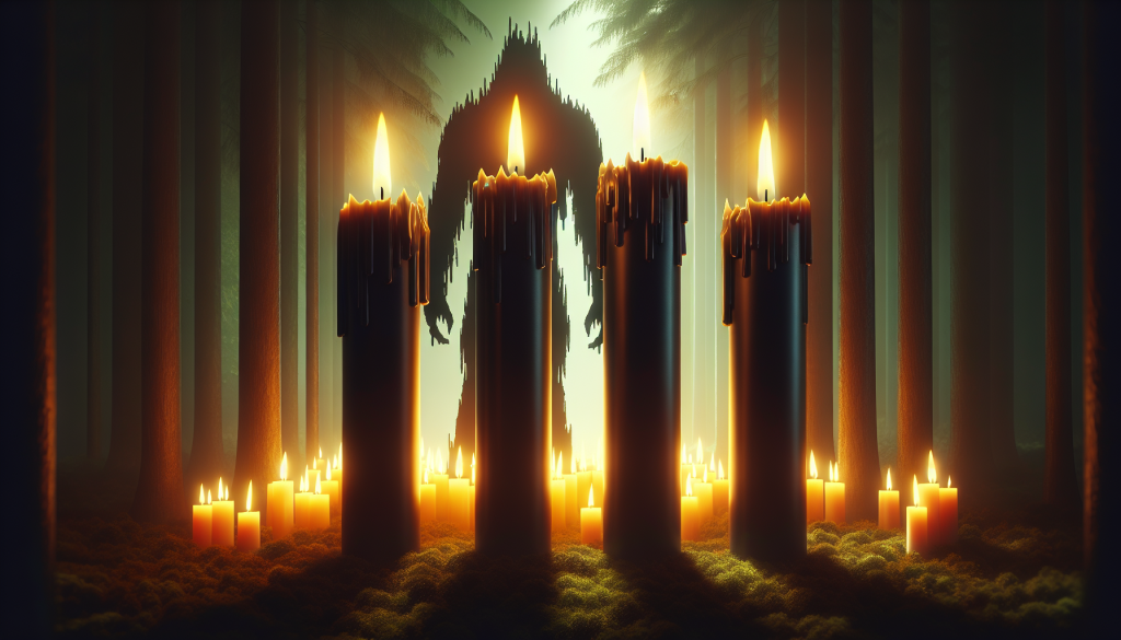 A conceptual digital illustration of four large, dark candles with glowing wicks standing in a misty forest, with a tall, shadowy figure in the background, symbolizing the ominous trend reversal following a Bearish Stick Sandwich pattern.