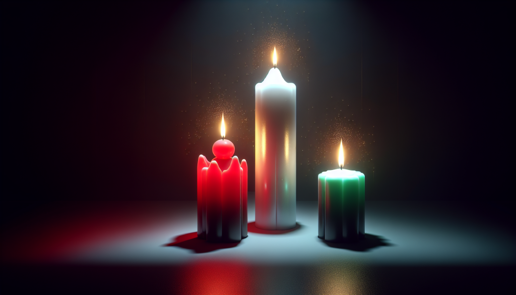 A minimalist 3D rendering of three lit candles representing the Bullish Abandoned Baby pattern: a short red candle, a tall white candle, and a short green candle arranged to show a price reversal.
