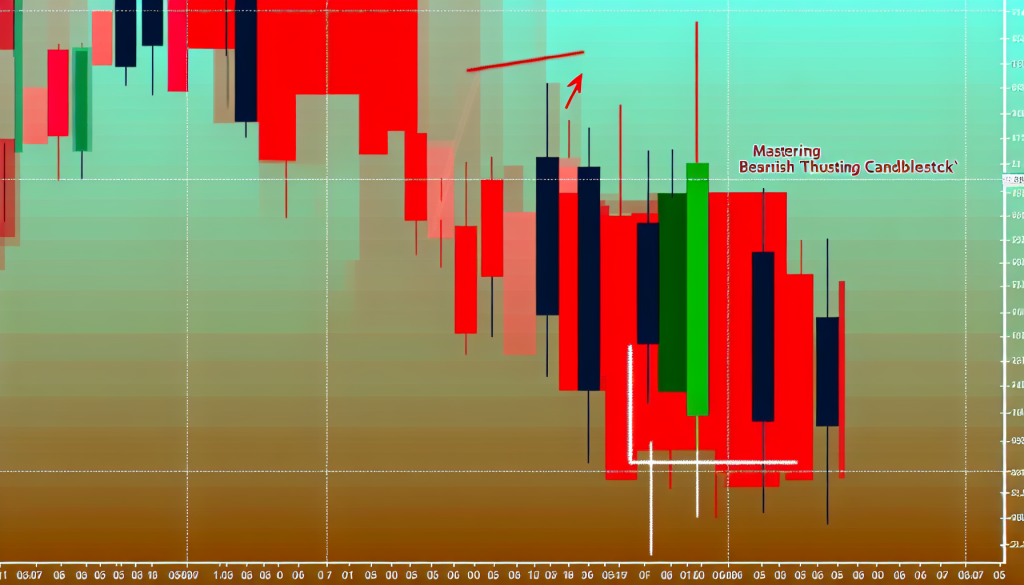 A technical trading chart demonstrating price action after a Bearish Thrusting candlestick pattern, featuring red and green candles with a red trendline arrow indicating downward momentum.