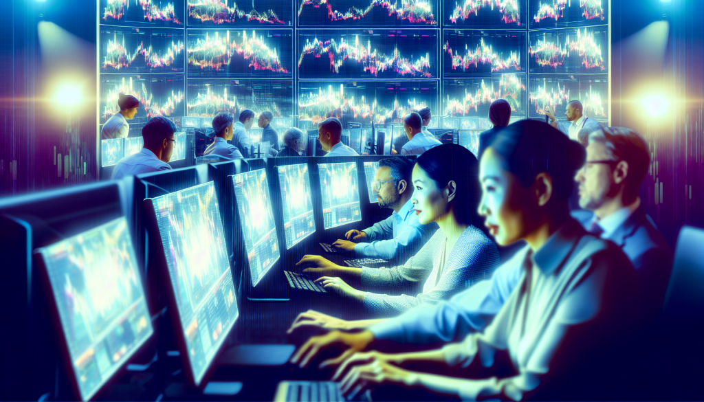 A futuristic, high-tech trading room with several professional analysts monitoring glowing blue and gold financial candlestick charts on large digital displays.
