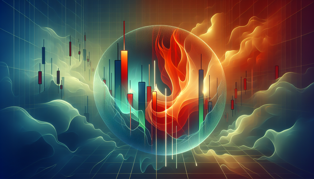 An abstract digital illustration of a glowing sphere containing red and blue financial candlesticks and a flame, representing market volatility and the psychological struggle of the Bullish In Neck Line pattern.