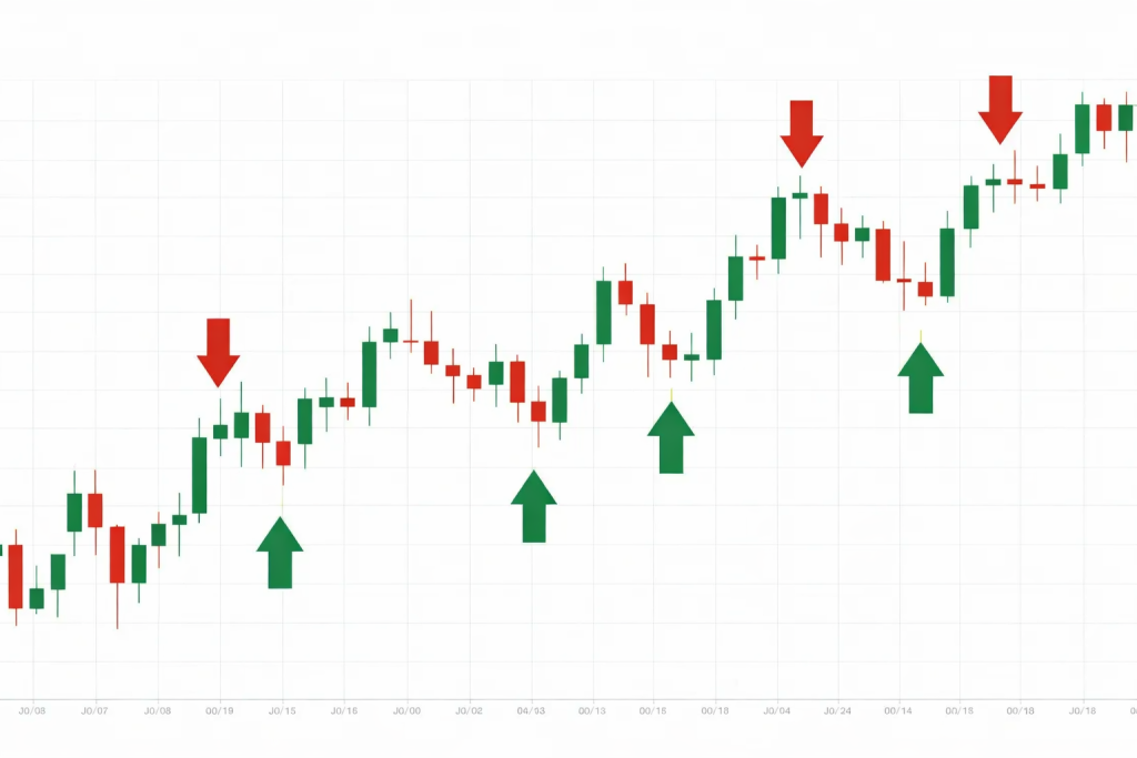 The image depicts a daily candlestick chart of an ETF, with entry and exit points highlighted by arrows, illustrating potential buying and selling signals. This chart serves as a visual representation of market price movements, aiding traders in identifying overbought and oversold conditions within their trading strategy.
