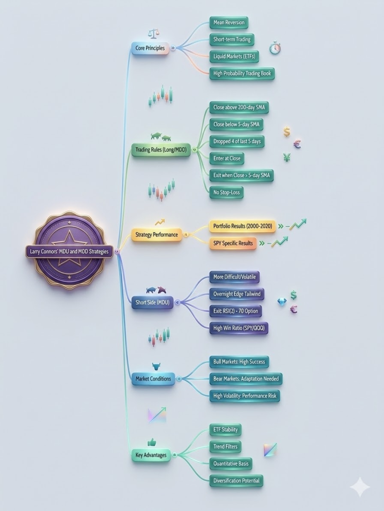 A high-resolution, 3D-styled mind map detailing "Larry Connors' MDU and MDD Strategies." The diagram features a central purple wax-seal emblem connected by flowing, multi-colored neon lines to several thematic branches: Core Principles, Trading Rules, Strategy Performance, Short Side (MDU), Market Conditions, and Key Advantages. Each branch is color-coded with rounded, glass-textured nodes and accompanied by financial icons like candlesticks, bulls and bears, and currency symbols.