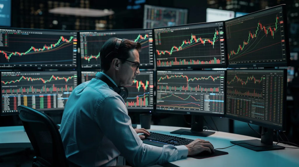 A professional trader in a dark room wearing headphones, sitting in front of a multi-monitor workstation.