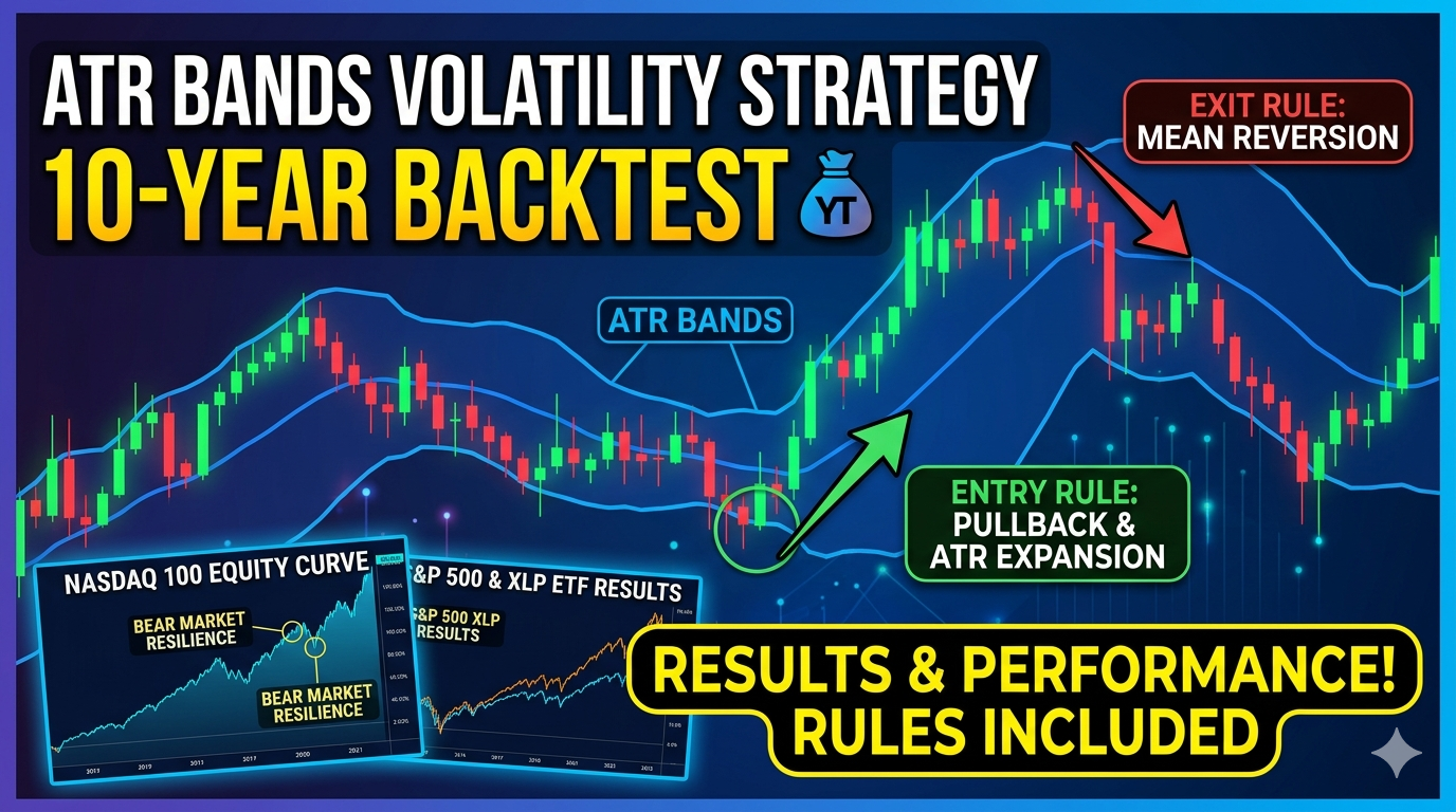 A professional YouTube thumbnail for a trading strategy titled "ATR Bands Volatility Strategy: 10-Year Backtest." The image features a dark blue candlestick chart with blue ATR bands, green entry arrows, and red exit arrows. Insets show equity curves for the Nasdaq 100 and S&P 500, with a bold yellow banner at the bottom reading "Results & Performance! Rules Included."
