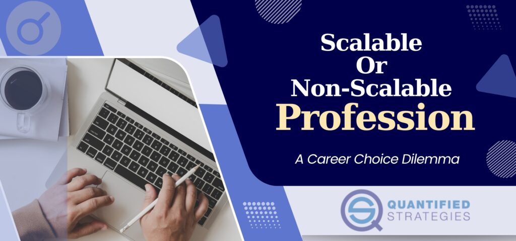 Should You Choose A Scalable Or Non-Scalable Profession/Career – A Career Choice Dilemma, featuring a person looking at a digital holographic display of the Earth and a rising bar graph, symbolizing global career scalability and financial growth.
