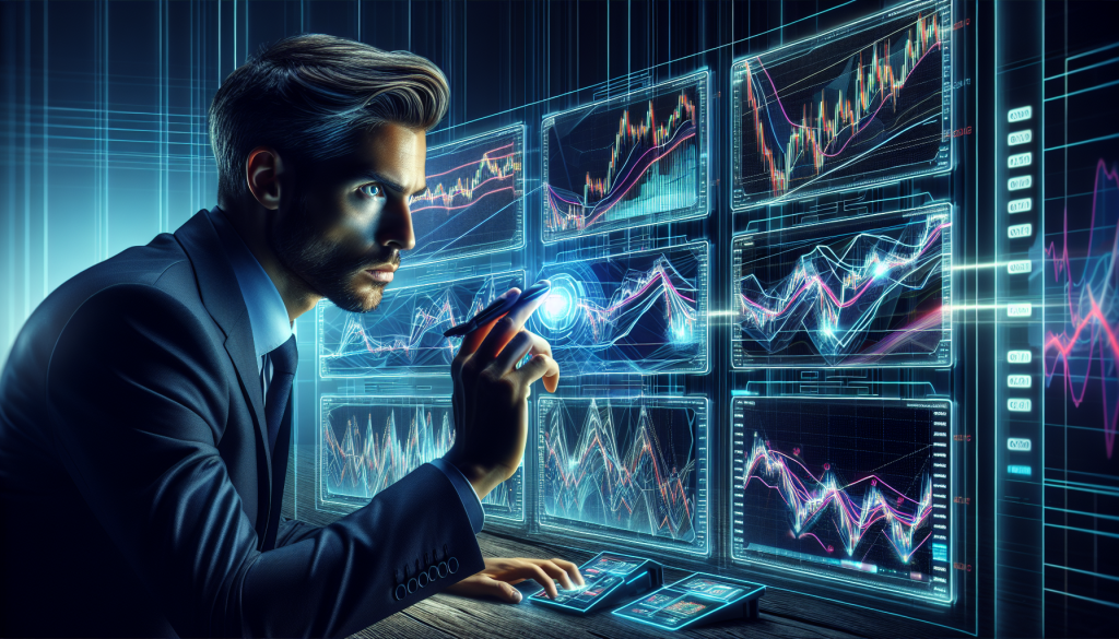 EURCHF Forex Trading Strategies (Backtest, Rules And Performance): A focused trader in a suit interacts with a futuristic, holographic dashboard displaying multiple EUR/CHF price charts, glowing data points, and technical analysis indicators in a dark, high-tech setting.
