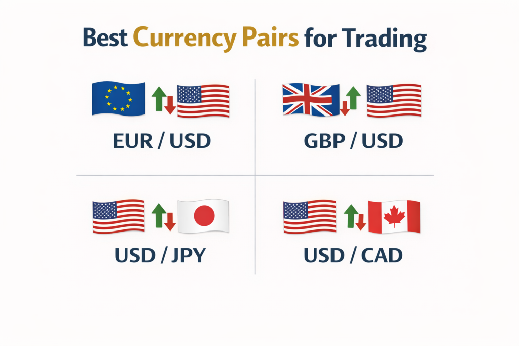 Best Currency Pairs for Trading, a list of the four most popular major forex pairs including EUR/USD, GBP/USD, USD/JPY, and USD/CAD with their respective national flags and exchange rate direction arrows.