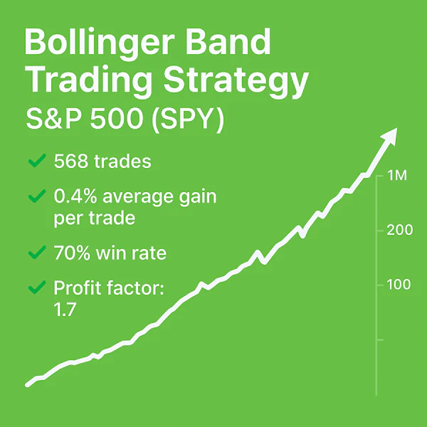 Infographic showing backtest results for the Bollinger Band Trading Strategy on the S&P 500 (SPY), featuring 568 trades, a 70% win rate, and a 1.7 profit factor.