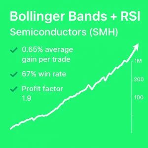 Bollinger Bands and RSI Trading Strategy, Semiconductors, SMH, 0.65% average gain per trade, 67% win rate, profit factor 1.9.
