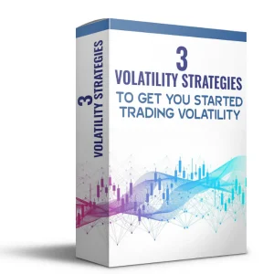 A 3D product box graphic for "3 Volatility Strategies To Get You Started Trading Volatility". The box is primarily white with purple and blue accents, displaying a stylized digital candlestick chart and network waves to represent a bundle of volatility trading models.