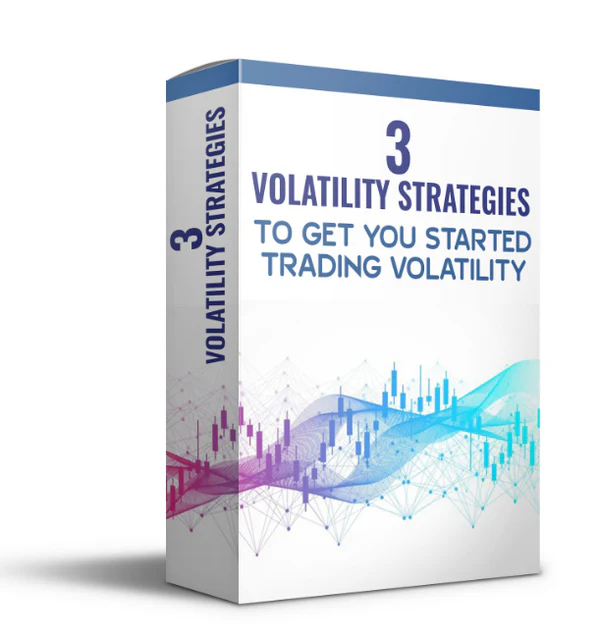 A 3D product box graphic for "3 Volatility Strategies To Get You Started Trading Volatility". The box is primarily white with purple and blue accents, displaying a stylized digital candlestick chart and network waves to represent a bundle of volatility trading models.