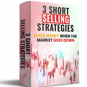 A 3D product box graphic for "3 Short Selling Strategies To Get You Started Short Selling." The box is white with deep blue and purple accents, featuring a stylized downward-trending candlestick chart and digital network waves, representing a bundle of short-selling trading models.