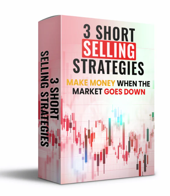 A 3D product box graphic for "3 Short Selling Strategies To Get You Started Short Selling." The box is white with deep blue and purple accents, featuring a stylized downward-trending candlestick chart and digital network waves, representing a bundle of short-selling trading models.
