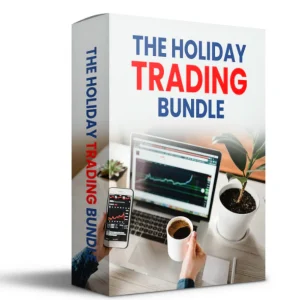 A 3D product box graphic for "The Holiday Trading Bundle - 4 Trading Strategies." The box features a professional blue and white design with a glowing candlestick chart and a rising arrow, representing a collection of seasonal market strategies.