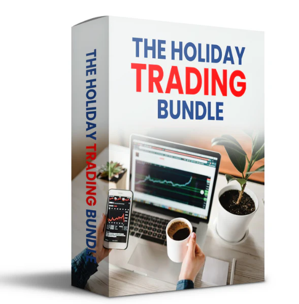 A 3D product box graphic for "The Holiday Trading Bundle - 4 Trading Strategies." The box features a professional blue and white design with a glowing candlestick chart and a rising arrow, representing a collection of seasonal market strategies.