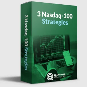 A 3D product box graphic for "3 Nasdaq-100 Strategies." The box is green and features an image of a person analyzing a technical stock chart on a laptop while holding a smartphone with a matching trading interface. The "Quantified Strategies" logo is displayed at the bottom.