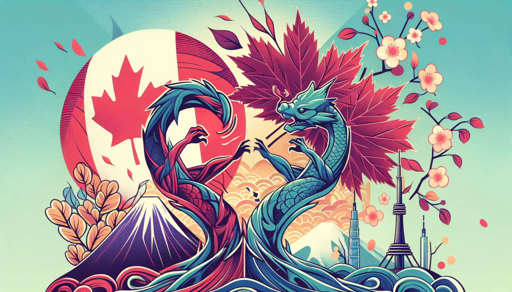 CADJPY Forex Trading Strategy – Rules, Backtest, Returns, Code: A vibrant artistic illustration featuring a Canadian maple leaf and Japanese cultural symbols like Mount Fuji, cherry blossoms, and a dragon, representing the CAD/JPY currency pair.