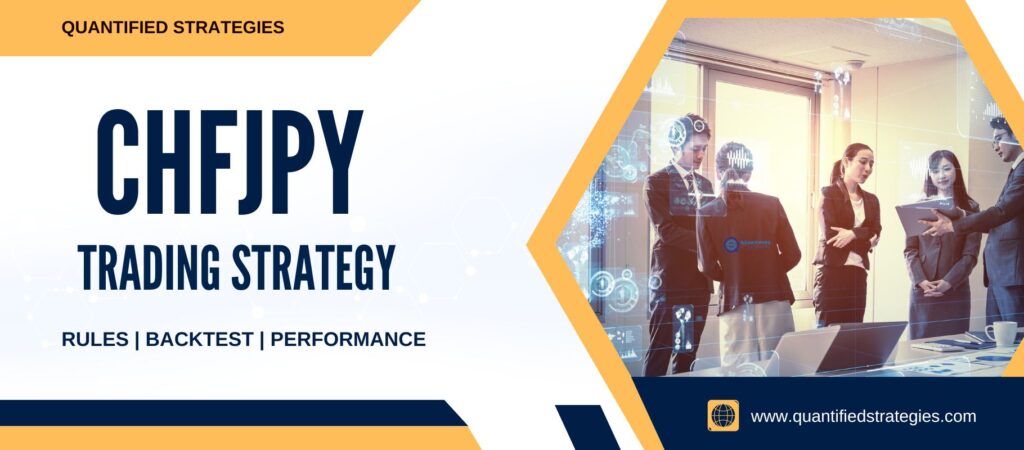 CHFJPY Trading Strategy – Rules, Backtest, Performance: A professional banner featuring a trading chart with blue and white candlesticks, a "BUY" button, and an artistic overlay of a Swiss mountain landscape and a Japanese pagoda.