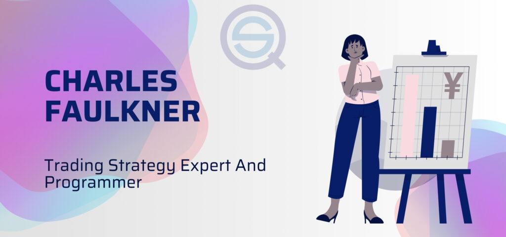 Charles Faulkner – Trading Strategy Expert And Programmer, an illustrative graphic of a woman standing next to a vertical bar chart featuring a Yen currency symbol, representing the analytical and psychological work of Charles Faulkner, Quantified Strategies.