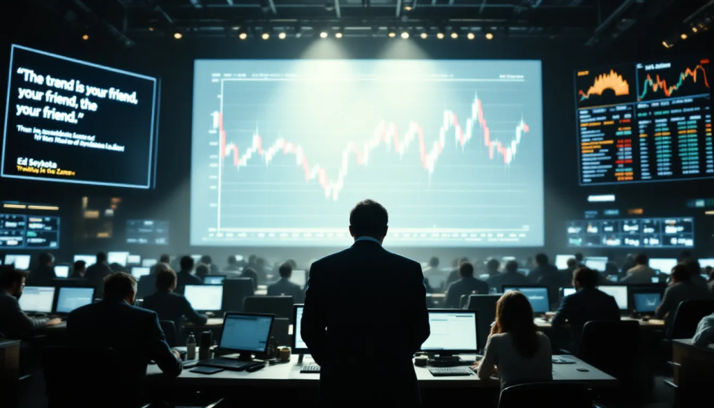 A dramatic rear-view shot of a man in a formal suit standing over a large trading floor, looking toward a giant central screen.