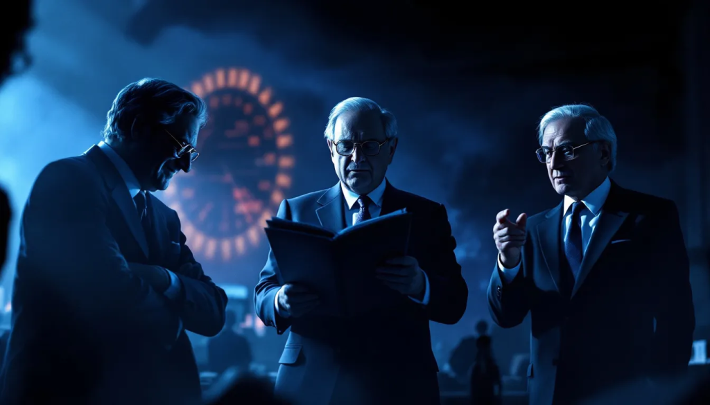 A cinematic, blue-toned illustration featuring three distinguished men in professional suits in a dimly lit, high-stakes environment.