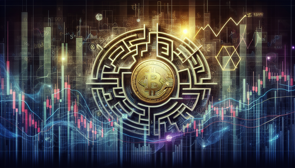 CADJPY Forex Trading Strategy – Rules, Backtest, Returns, Code: A conceptual digital illustration featuring a golden Bitcoin symbol at the center of a circular maze, surrounded by glowing financial candlesticks and data charts.