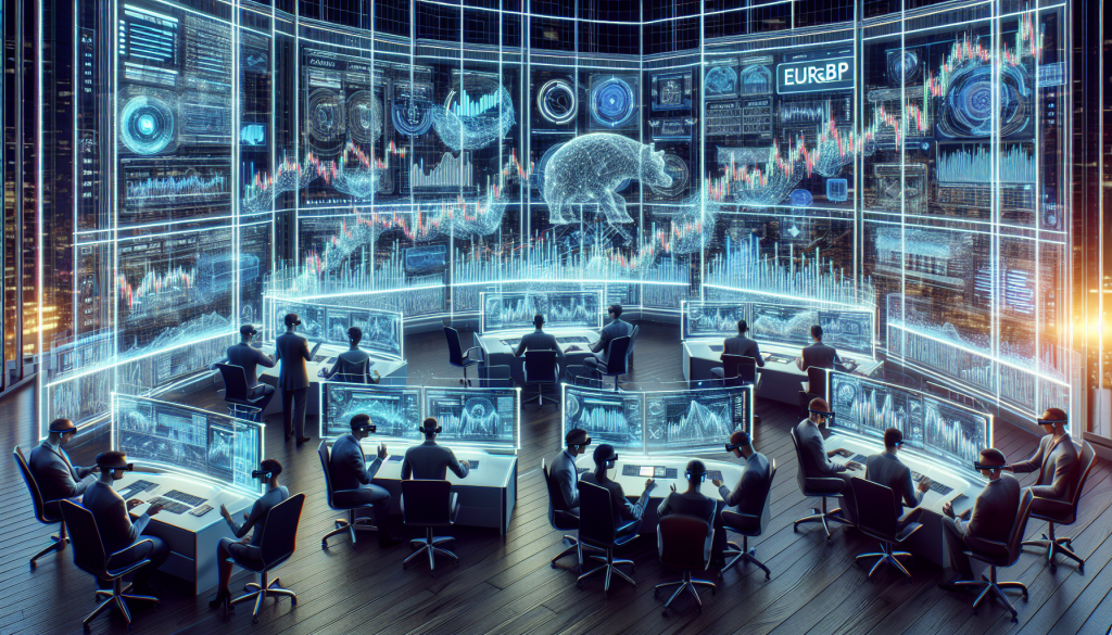 An wide-angle conceptual visualization of a high-tech trading floor where teams of analysts in VR headsets monitor complex, holographic projections of EUR/GBP price charts, including prominent bear market data and the label EURGBP.