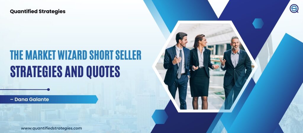 Dana Galante – The Market Wizard Short Seller: Strategies and Quotes, featuring three business professionals walking in a modern corporate setting with a geometric blue and white design.