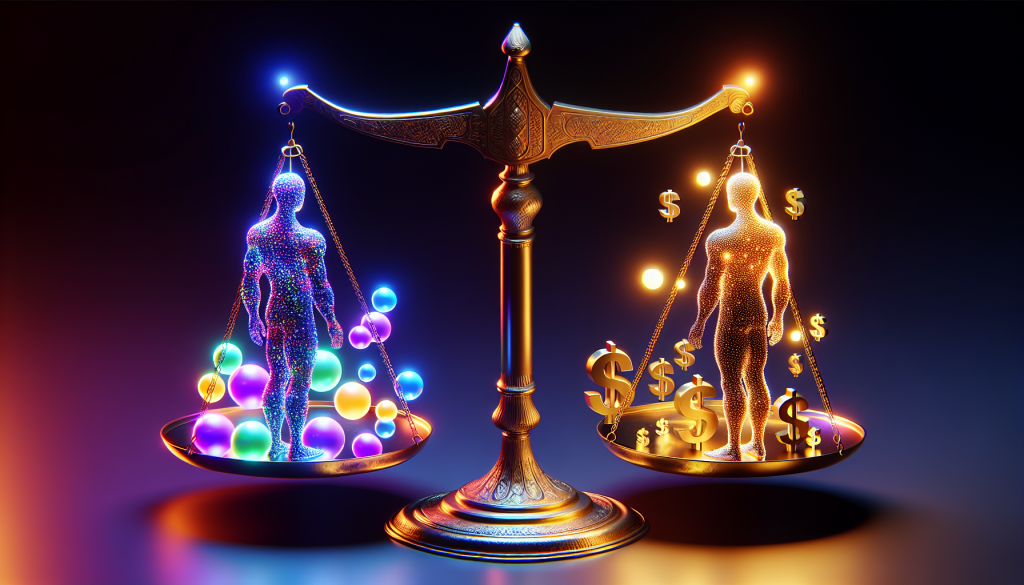 Forex Trading vs Options Trading: A conceptual 3D illustration of a balanced golden scale weighing two human figures—one glowing with colorful spheres representing diverse market variables and the other surrounded by golden dollar signs.