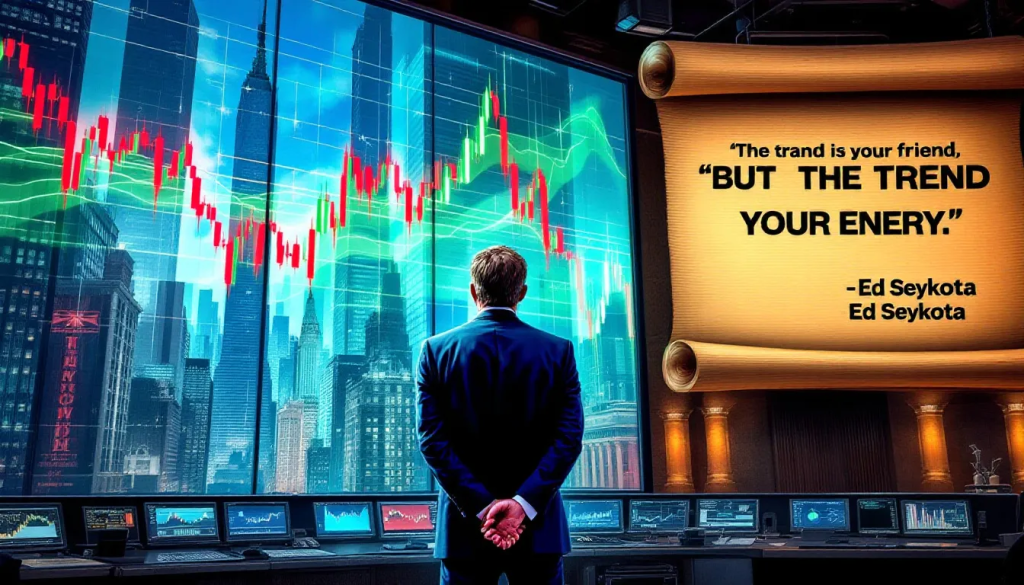 A high-tech trading command center featuring a man in a blue suit with his hands behind his back, looking at a massive floor-to-ceiling glass window that displays a glowing candlestick chart overlaid on a city skyline.