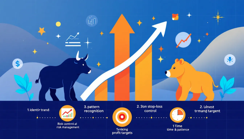 A colorful educational illustration for trading. A dark blue bull and an orange bear stand on opposite sides of a large rising orange arrow.