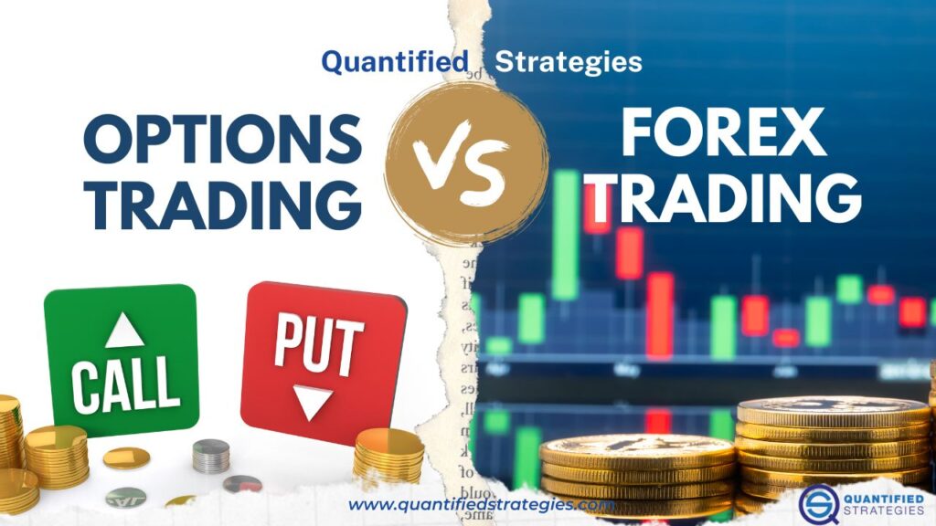 A conceptual illustration showing two figures on bar charts; one on the left representing Forex with high golden stacks and flames, and one on the right representing Options standing on a blue bar chart with a steady upward arrow.