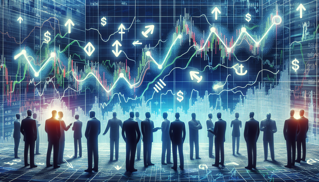 A futuristic digital landscape showing diverse traders standing before a massive glowing data visualization of upward-trending currency charts and floating financial symbols.