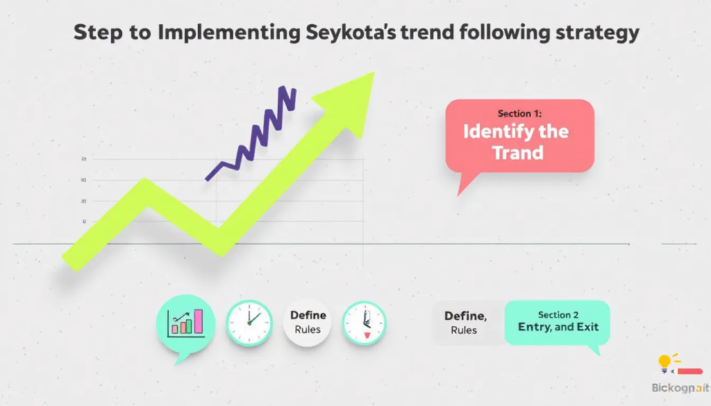 An educational diagram titled "Step to Implementing Seykota’s trend following strategy."