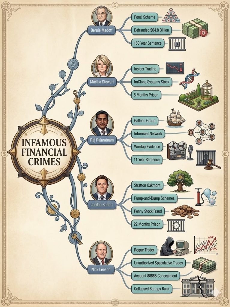 A detailed infographic titled "Infamous Financial Crimes" featuring five individuals