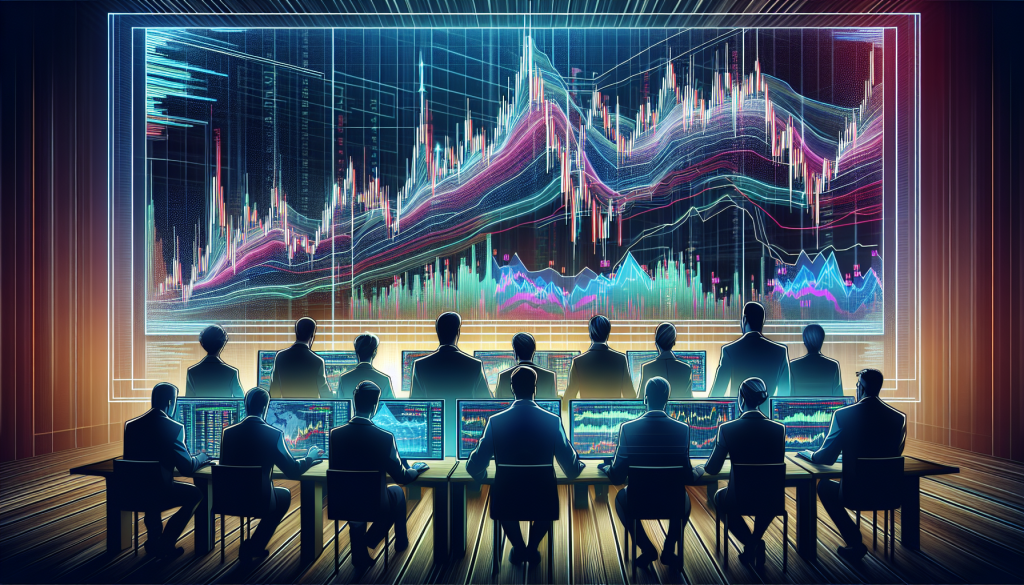 A cinematic digital illustration of a trading command center where professional analysts monitor a massive, glowing screen displaying complex EUR/GBP candlestick patterns and multiple overlapping trend indicators.