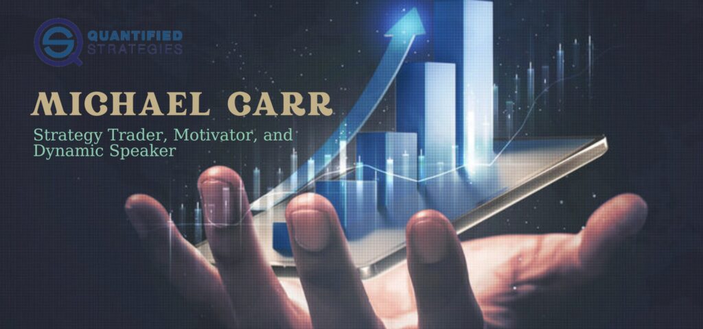Michael Carr – Strategy Trader, Motivator, and Dynamic Speaker, a professional graphic featuring a person holding a smartphone with a glowing 3D bar chart and rising arrow, symbolizing financial growth and quantitative trading.